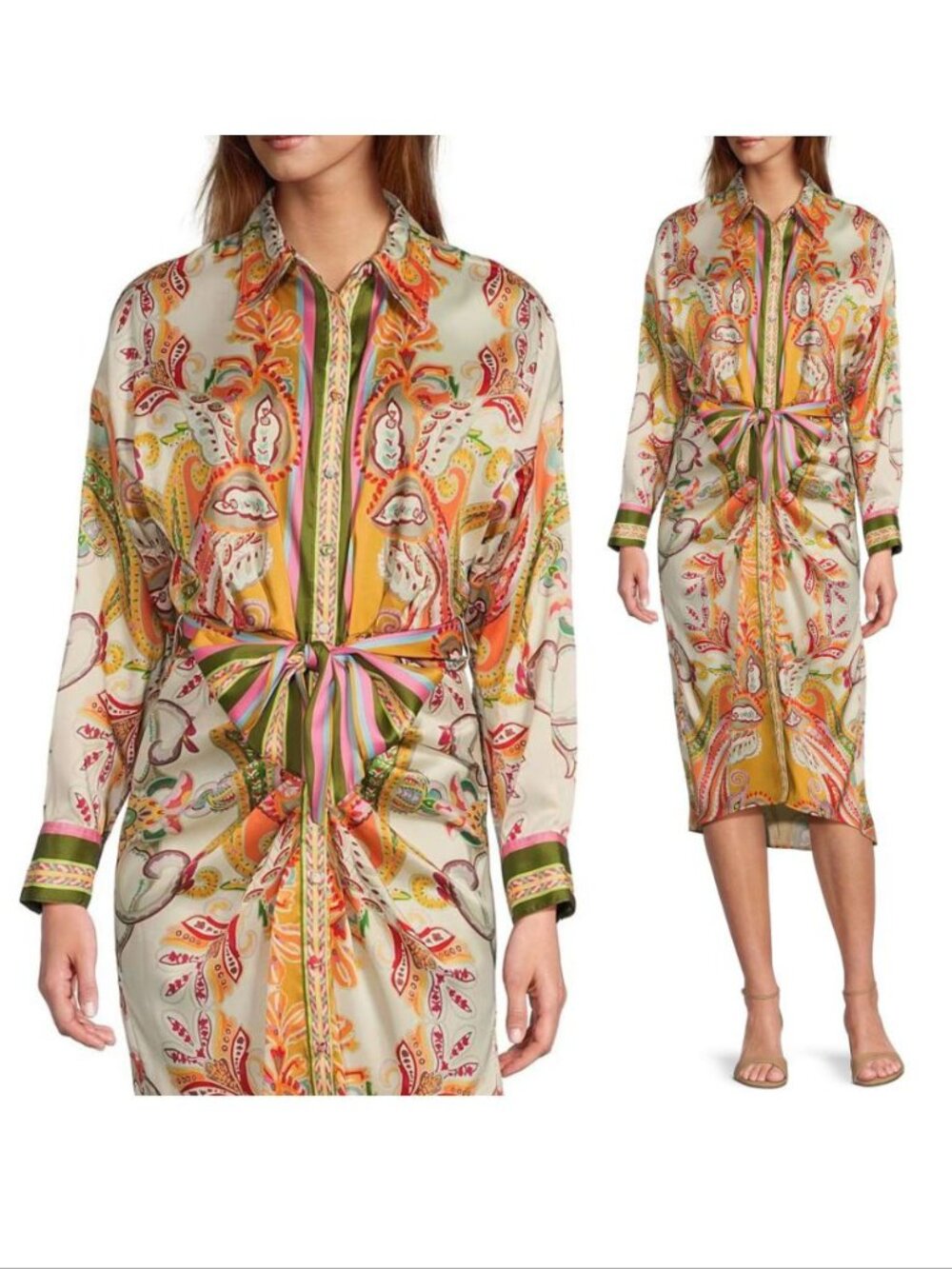 ANTONIO MELANI Roxanne Midi Shirt DRESS Size 4 Paisley Tie Waist Long Sleeve NEW